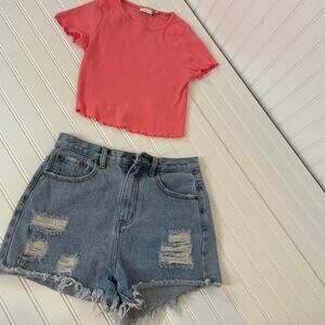 ASOS & MP|D Crop Fitted T-Shirt & Blue Distressed Denim Shorts Bundle Size S